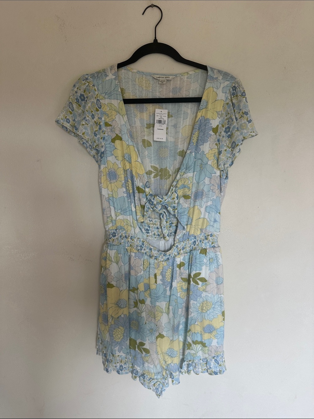 American Eagle Floral Tie-Front Romper in Light Blue and Yellow NWT SIZE MEDIUM